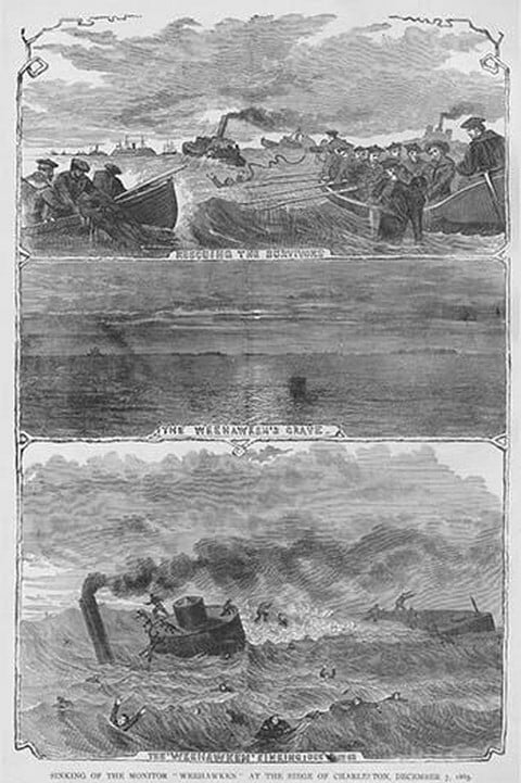 Monitor 'Weehawken' Sinks during the siege of Charleston by Frank Leslie