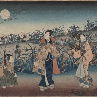 Moonlight Meeting of two Women and a man by Uragawa Toyokuni