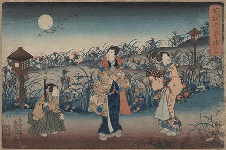 Moonlight Meeting of two Women and a man by Uragawa Toyokuni