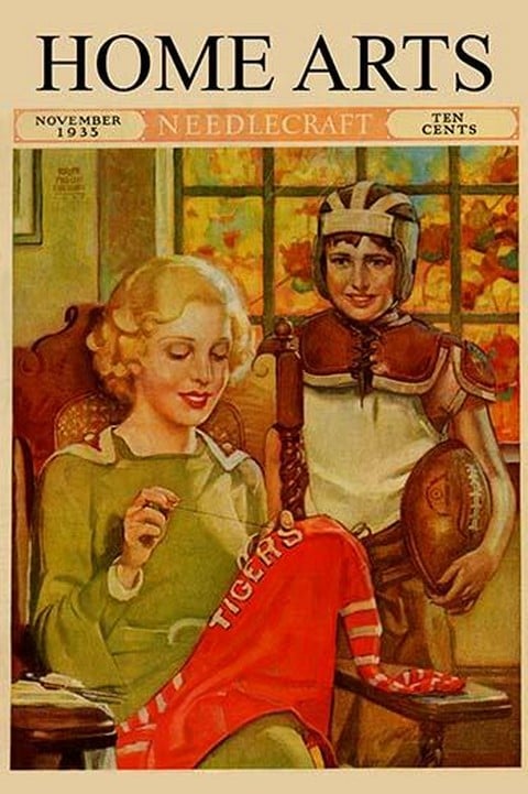 Mother Sews Her Son's Football Jersey As He Looks On by Ralph Pallen Coleman