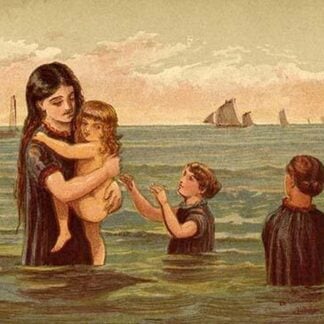 Mother holds baby in her arms in the ocean water along with other Children by Kronheim & Dalziels