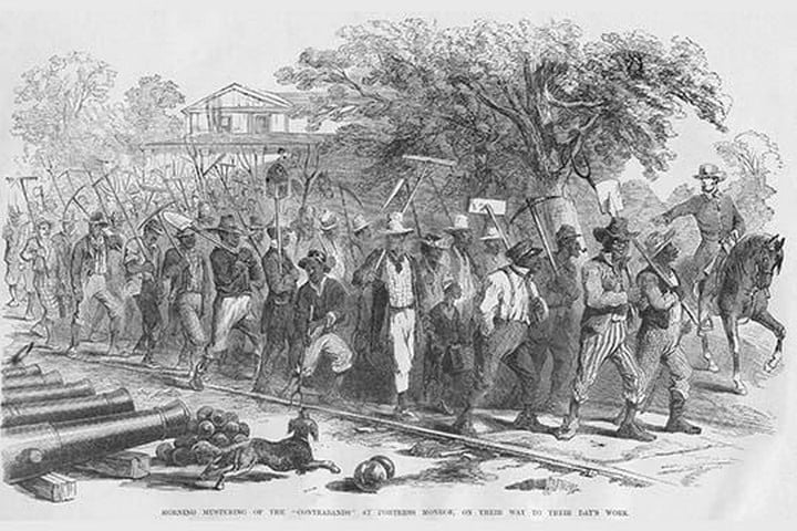 Mustering Contrabands at Fortress Monroe by Frank Leslie