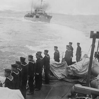 Naval Crew on Japanese Vessel Salutes another and flies the Admiralty Flag