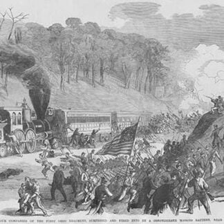 Ohio Regiment on train ambushed by Confederates in Vienna Virginal by Frank Leslie