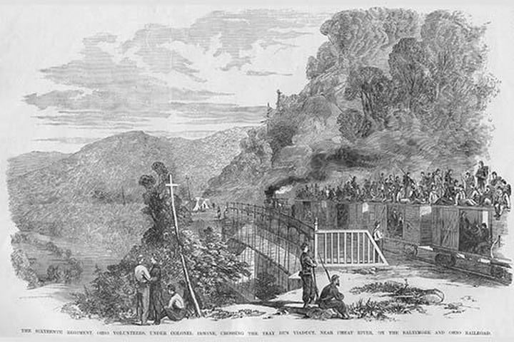 Ohio Volunteers cross the Tray Run Viaduct By B&O Railway by Frank Leslie