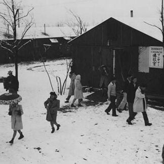 People leaving Buddhist church