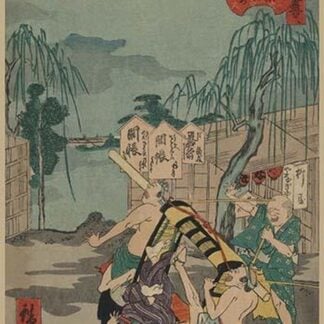 Porters drop a man being carried in a Sedan Chair by Utagawa Hirokage