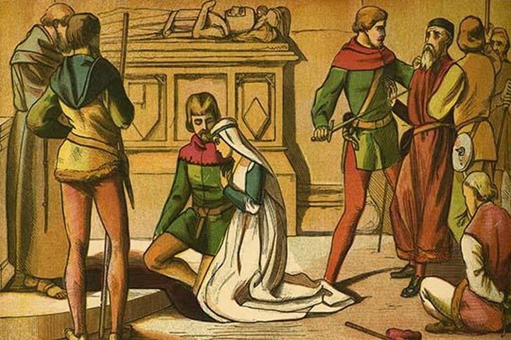 Robin Hood & Maid Marian beside a saint's tomb by Kronheim & Dalziels