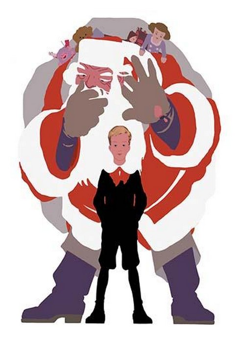 Santa Motions to be Quiet behind Boy