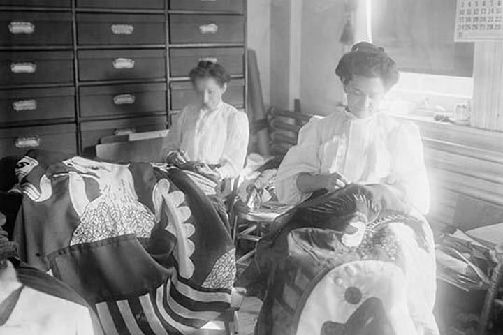 Seamstresses at the Brooklyn Navy Yard Sew Large Flags with Eagles