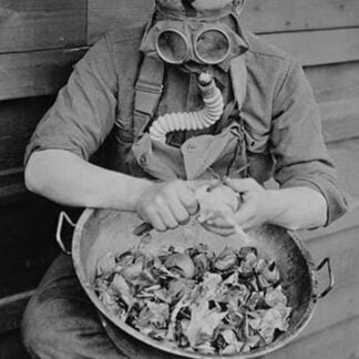 Soldier dons Gas Mask to Protect himself from Crying over Onions