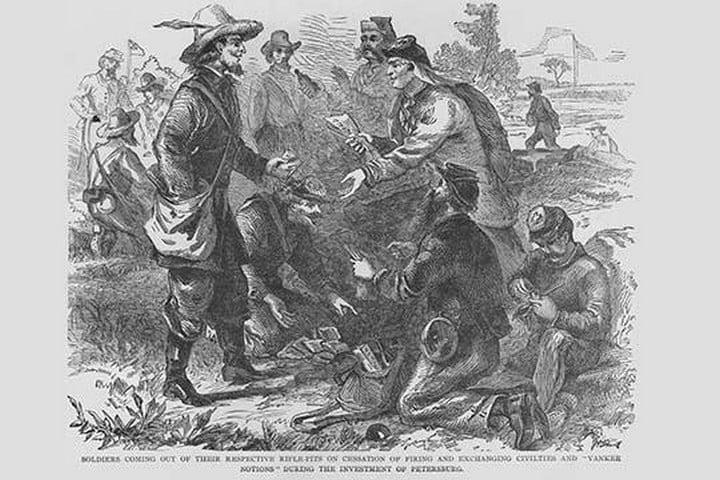 Soldiers come out of their trench to buy 'Yankee Notions' & supplies by Frank Leslie