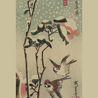Sparrows and camellias in snow. by Utagawa Hiroshige