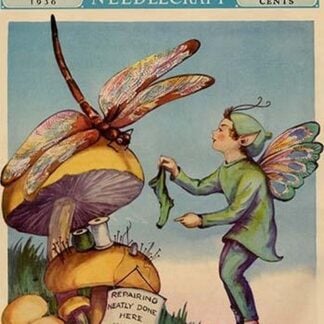 Sprite needs his socks darned by a dragonfly who is sitting on a mushroom by Home Arts