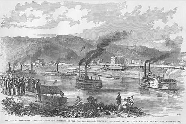 Steamboats transport troops & Munitions on the Great Kanawha River by Frank Leslie