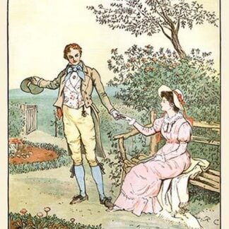 Suitor leads a young girl from a bench in a smiling a loving face by Randolph Caldecott