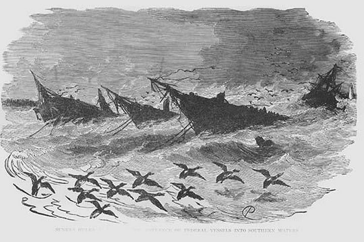 Sunken Hulks to prevent access to Federal ship in Southern ports by Frank Leslie