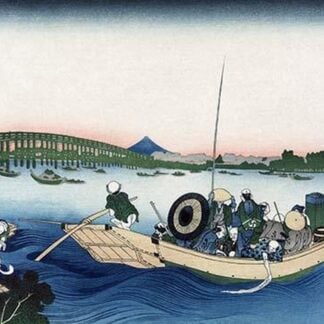 Sunset across Ryogoku Bridge from the Bank of the Sumida River at Onmayyagashi by Katsushika Hokusai