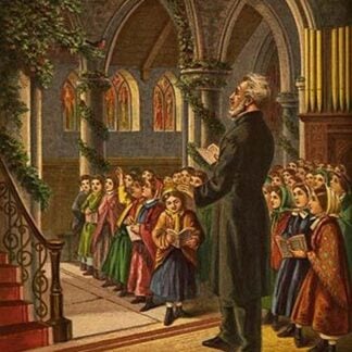 The minister leads the congregation of Children in singing Christmas songs by Kronheim & Dalziels