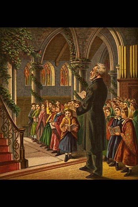 The minister leads the congregation of Children in singing Christmas songs by Kronheim & Dalziels