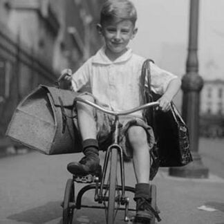 Toddler on Tricycle Carries small satchels after making a food sale
