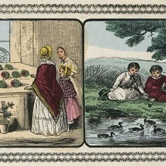 Women visit a shop that sells plants and boys by a pond count ducks. by Charles Butler