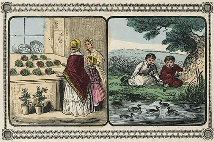 Women visit a shop that sells plants and boys by a pond count ducks. by Charles Butler