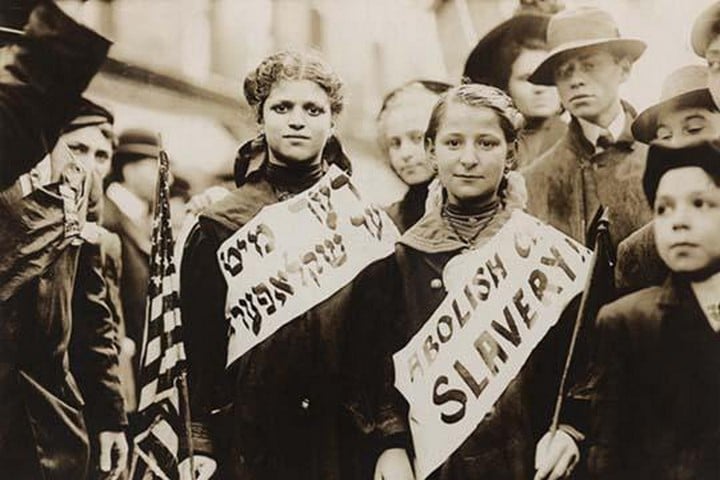 Young Girls Protest Child Labor in New York Rally and carry Yiddish Signs