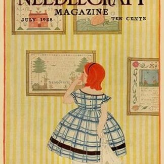Young girls looks at a selection of old needlepoints on a wall by Needlecraft Magazine